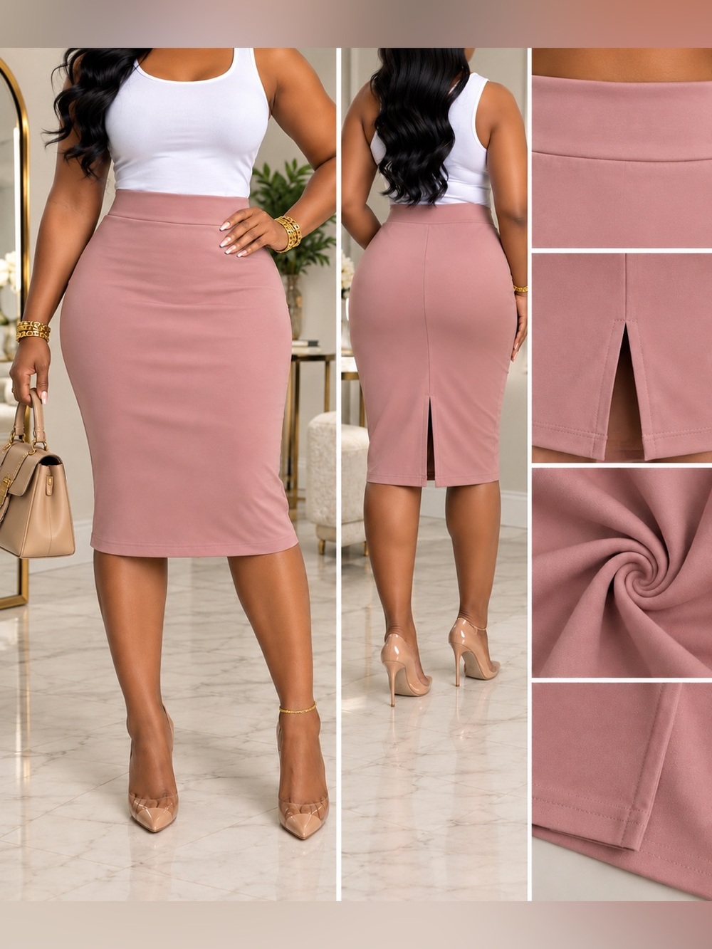 Classic High-Waist Pencil Skirt in Dusty Rose